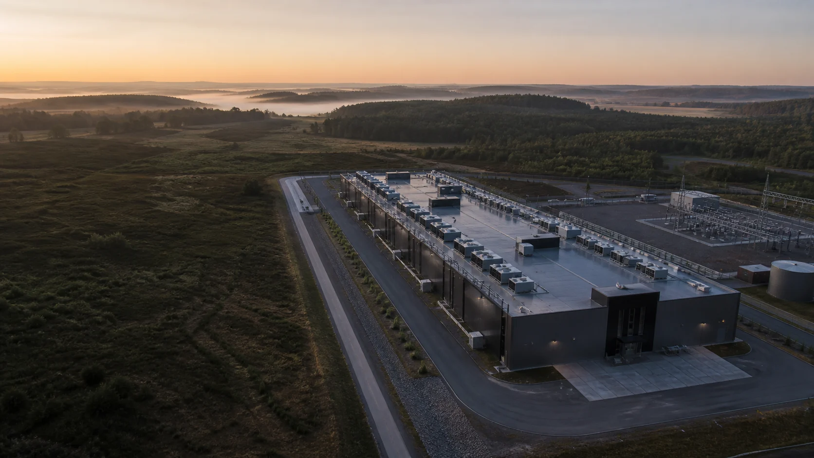 Illustrative aerial view of an industrial campus surrounded by open land