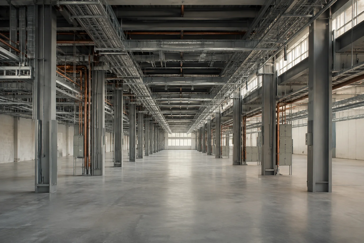 AI-generated illustration of an empty existing industrial hall